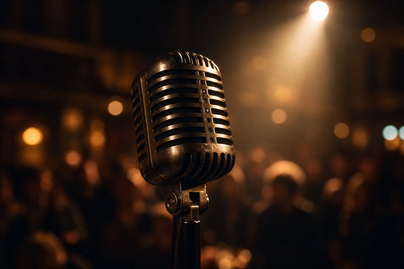 Scen med mikrofon och spotlights, symboliserande svenska artisters framträdanden