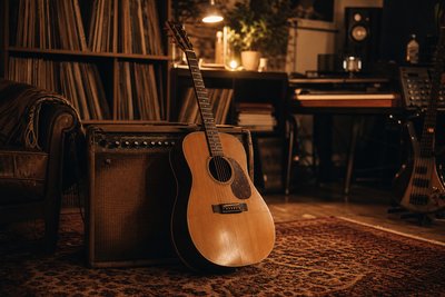 Gitarr mot en varm bakgrund, symboliserande klassiska svenska låtar